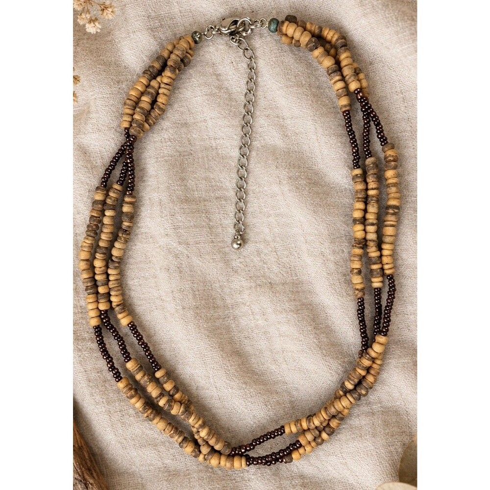 Y2K Boho Multi Strand Wood Bead Necklace Brown Bronze Seed Beads Adjustable